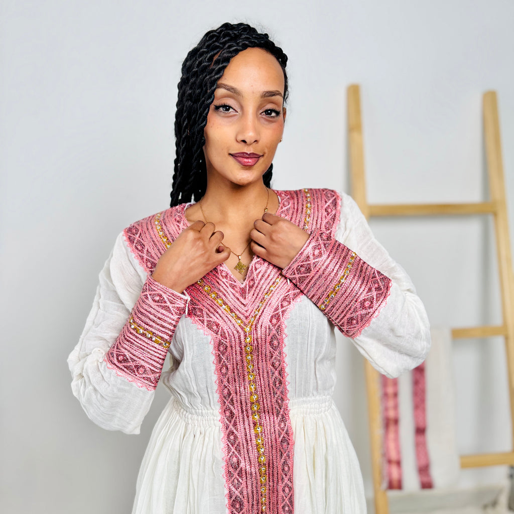 Ethiopian Dress | Elegant Design Dress | Weddings & Special Events | Pink Design with Intricate Beadwork | Habesha Dress Hab113