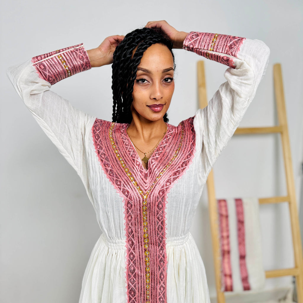 Ethiopian Dress | Elegant Design Dress | Weddings & Special Events | Pink Design with Intricate Beadwork | Habesha Dress Hab113