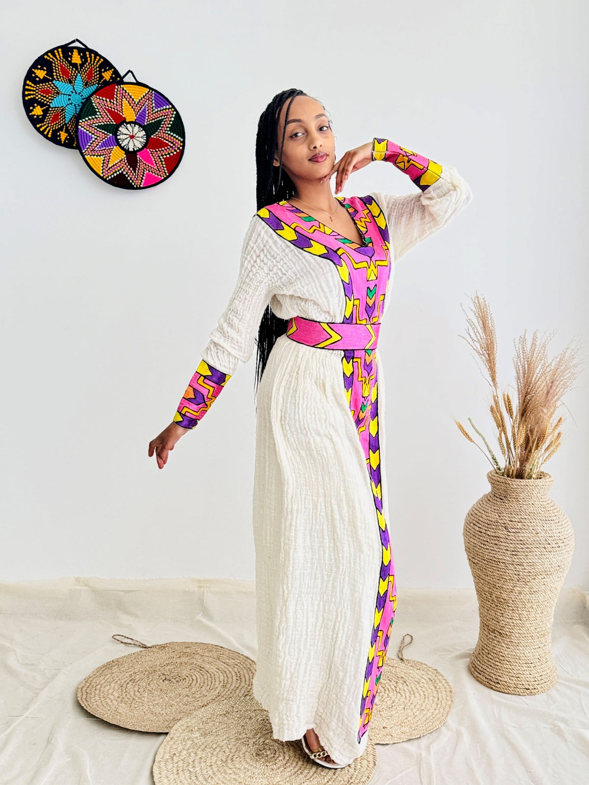 Traditional Ethiopian Habesha Dress | Handwoven Cotton | Bright Front Embroidery | Relaxed Flowy Fit | Handmade Cultural Clothing | Hab192