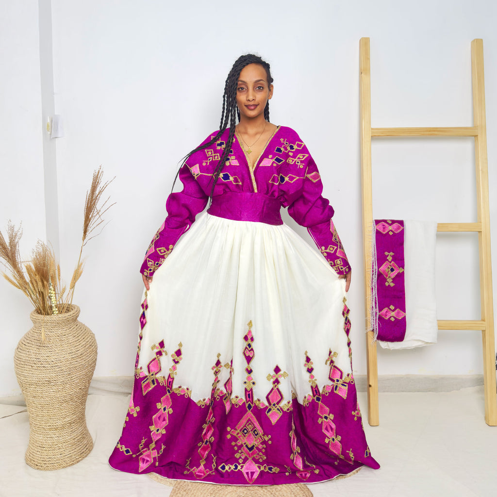 Habesha Kemis | Vibrant Purple Embroidery | Habesha Wedding Dress  | Handcrafted Elegance Hab63