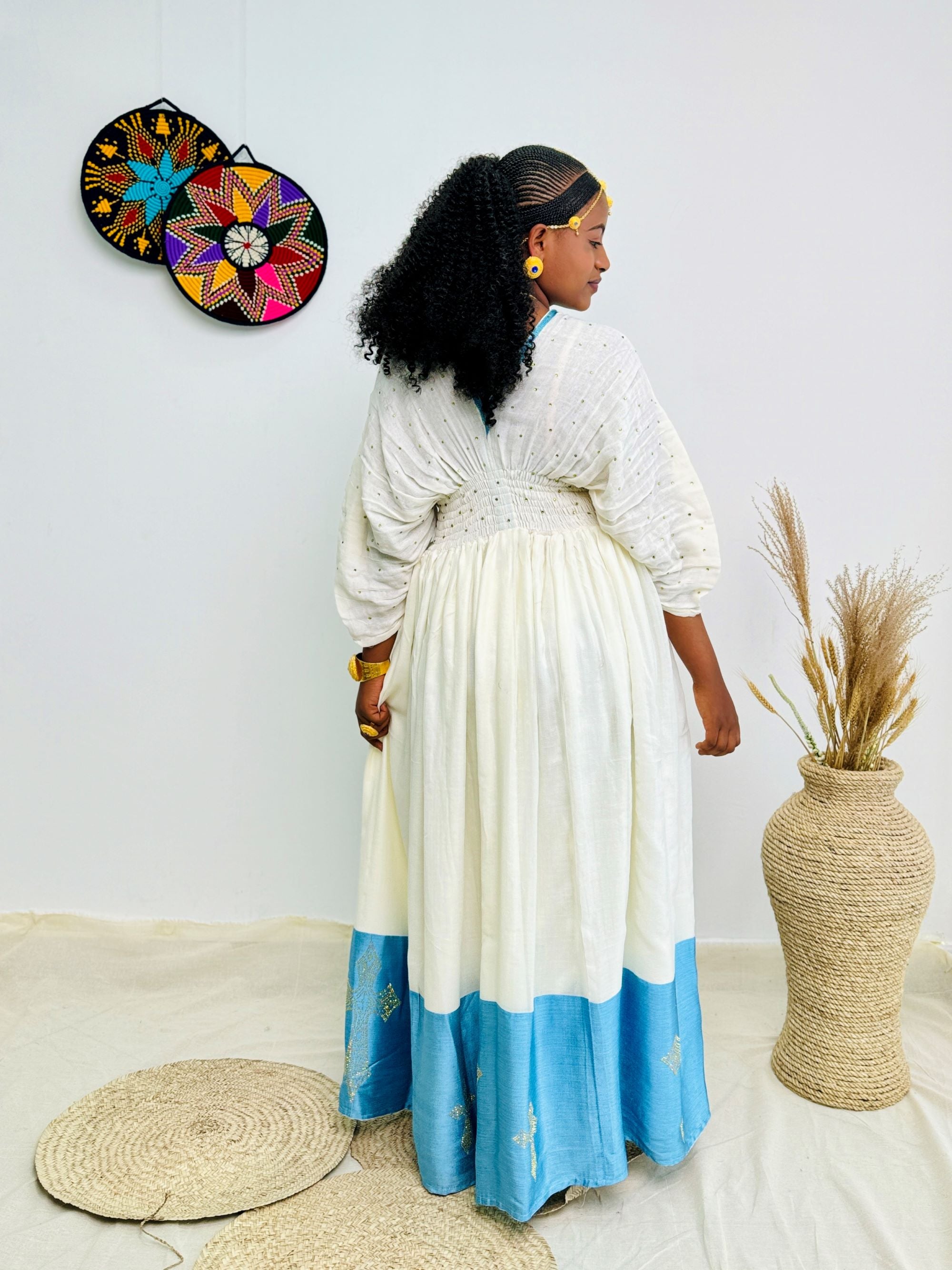 Traditional Ethiopian Habesha Dress | White & Sky Blue Handwoven Kemis with Gold Cross Motif | Elegant Fit with Tilet Detail Hab219