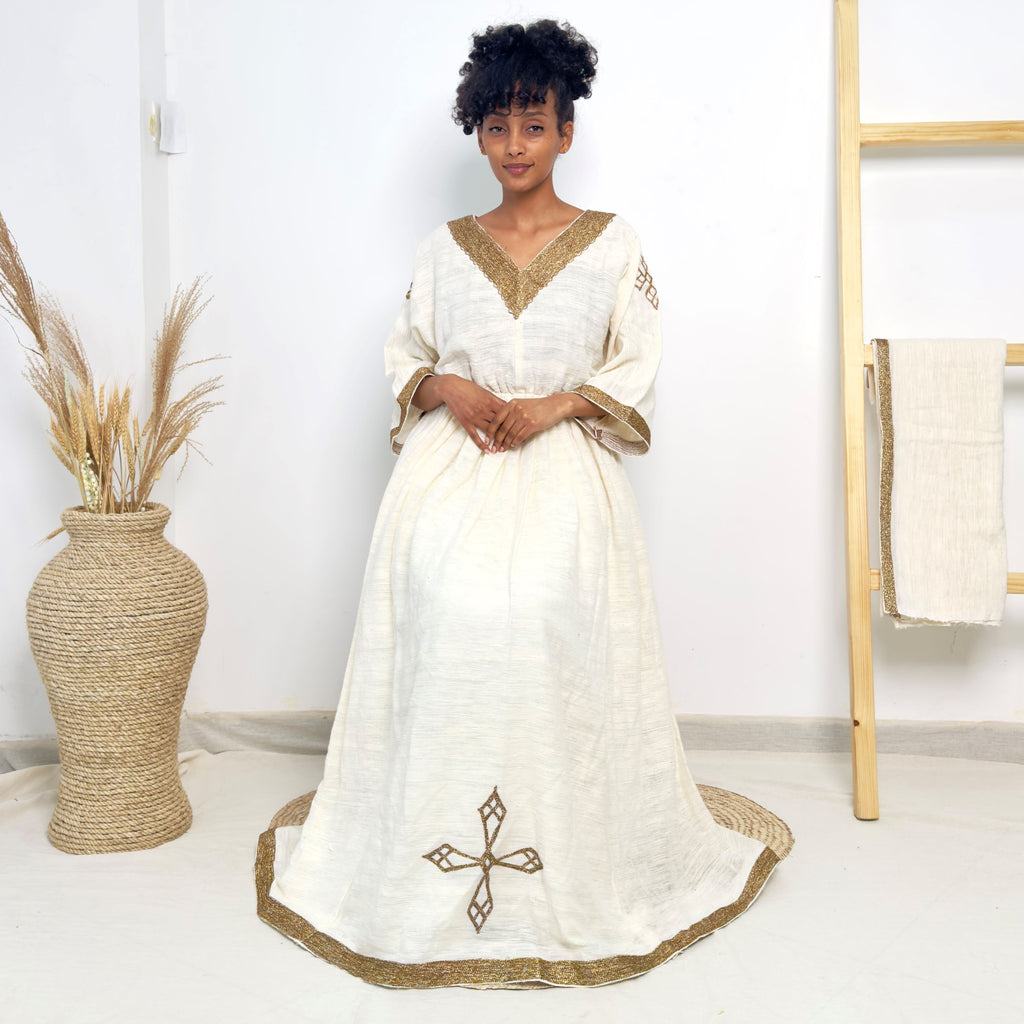 Traditional Ethiopian Habesha Dress | Handwoven Cotton | Golden Cross Tilet Embroidery | Modest Fit Hab238
