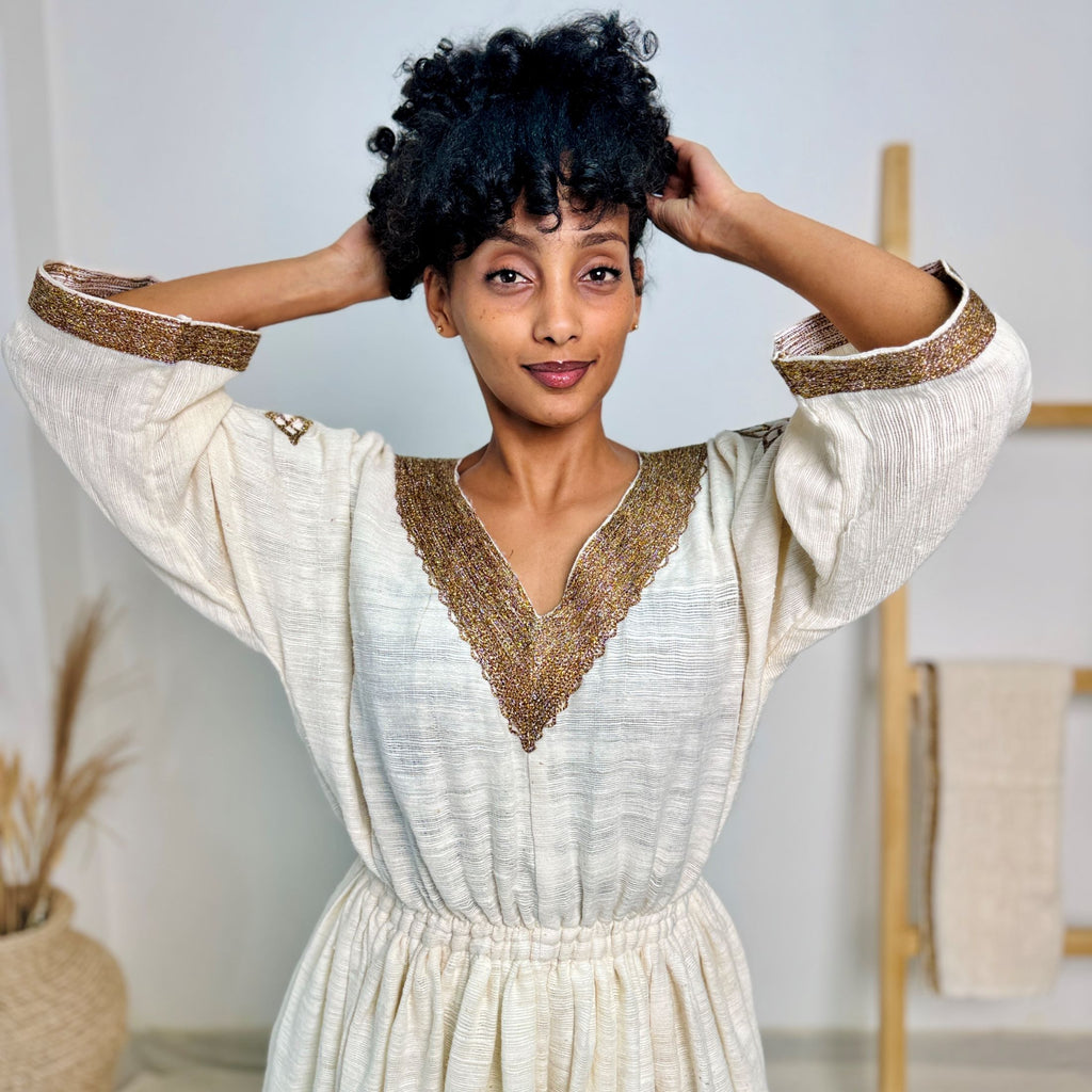 Traditional Ethiopian Habesha Dress | Handwoven Cotton | Golden Cross Tilet Embroidery | Modest Fit Hab238