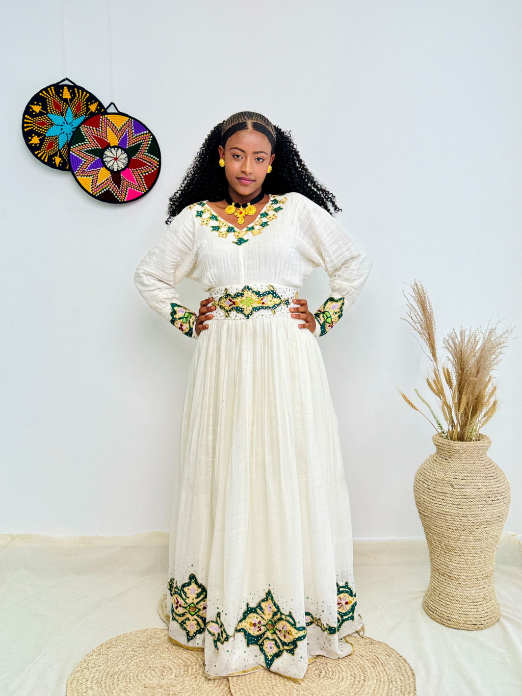 Ethiopian Handwoven White Dress | Green & Gold Tibeb Embroidery | Timeless Habesha Kemis Hab211