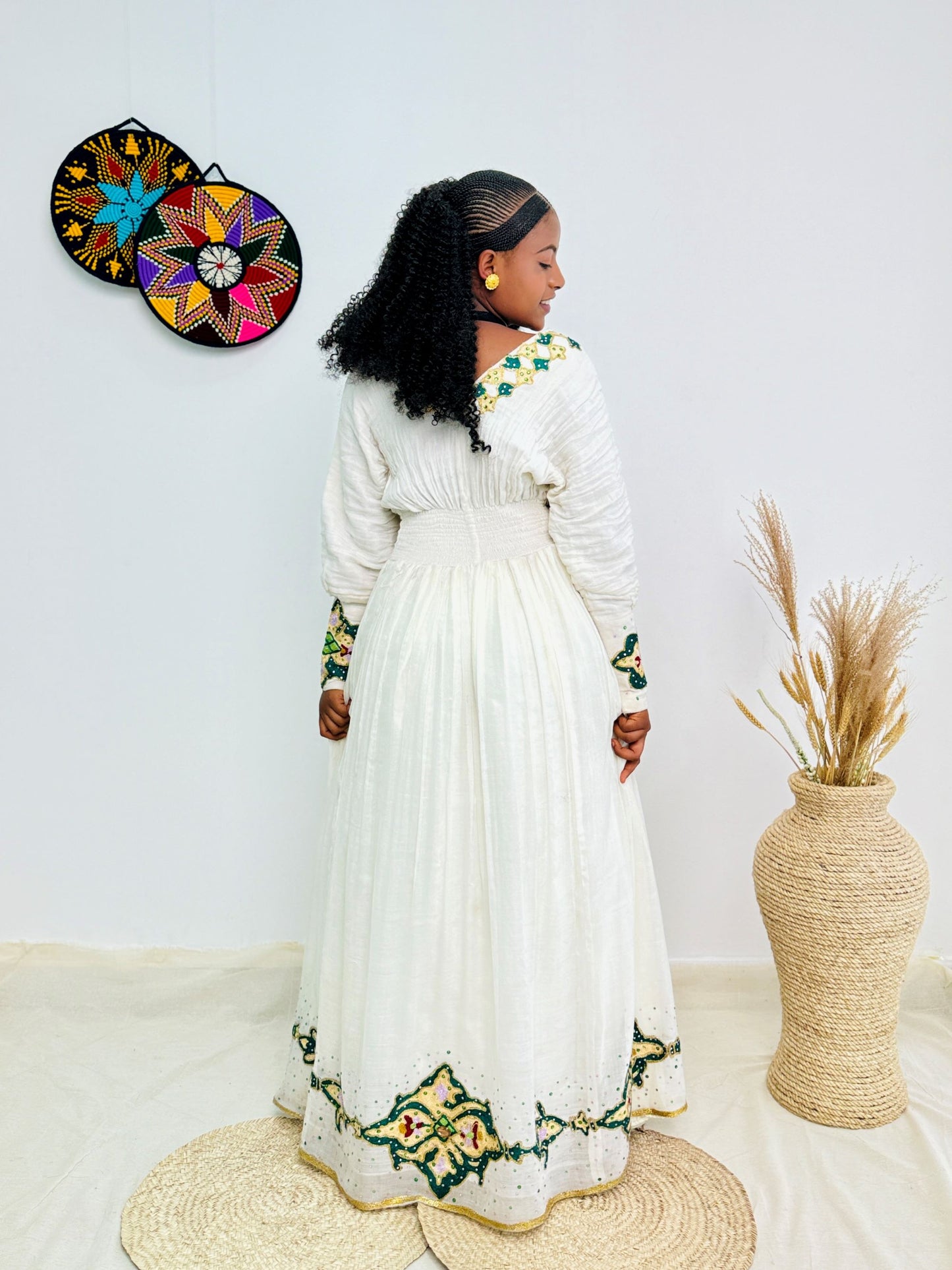Ethiopian Handwoven White Dress | Green & Gold Tibeb Embroidery | Timeless Habesha Kemis Hab211