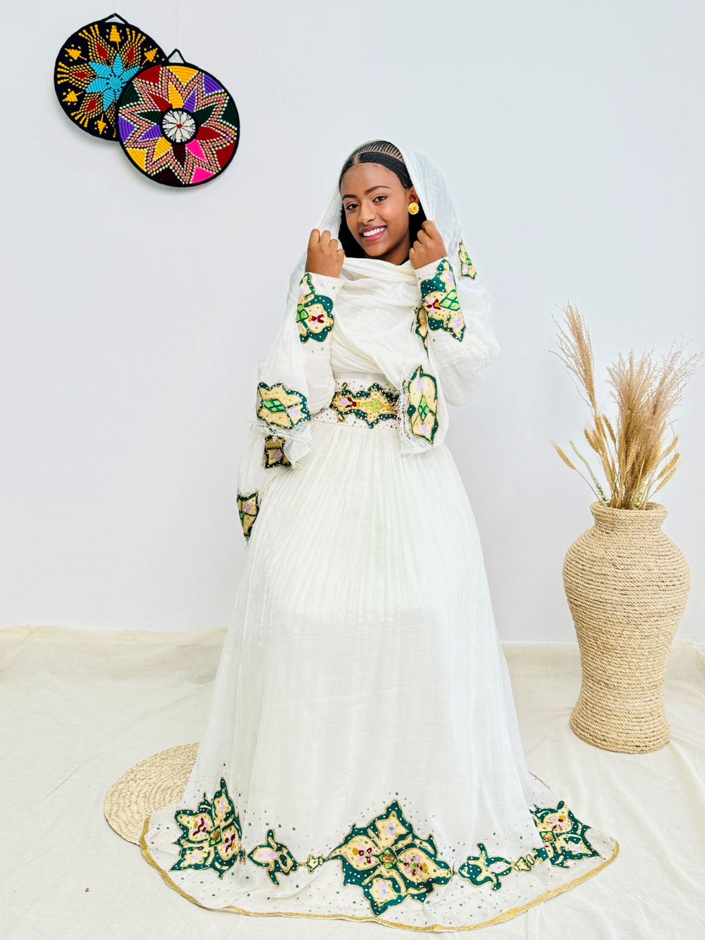 Ethiopian Handwoven White Dress | Green & Gold Tibeb Embroidery | Timeless Habesha Kemis Hab211