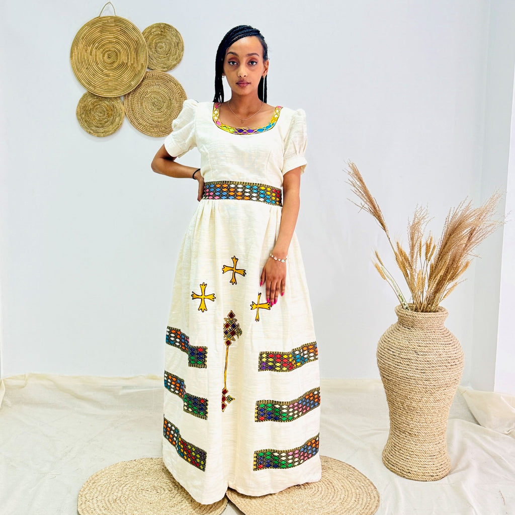 Habesha Dress Embroidery | Handwoven Tibeb | Elegant Traditional Ethiopian Kemis | Full-Length Cotton Dress for Holidays & Special Events Hab171