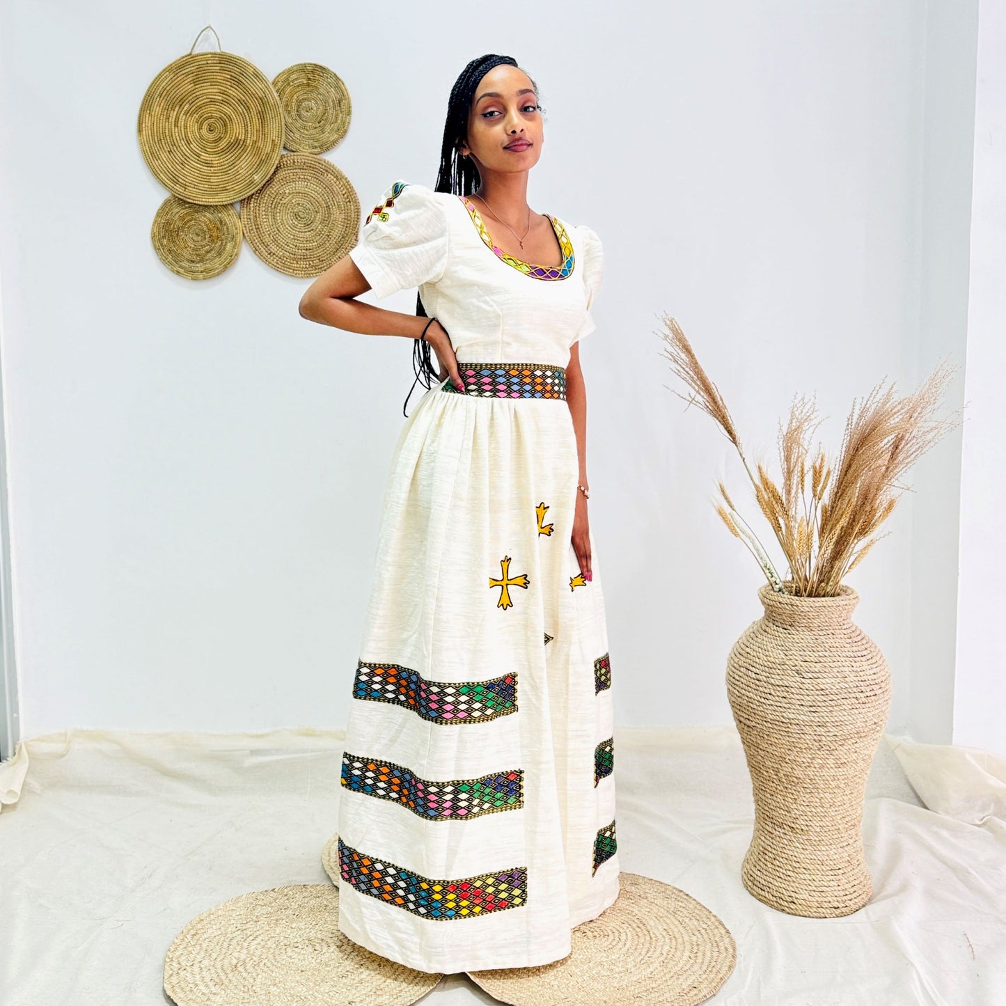 Habesha Dress Embroidery | Handwoven Tibeb | Elegant Traditional Ethiopian Kemis | Full-Length Cotton Dress for Holidays & Special Events Hab171