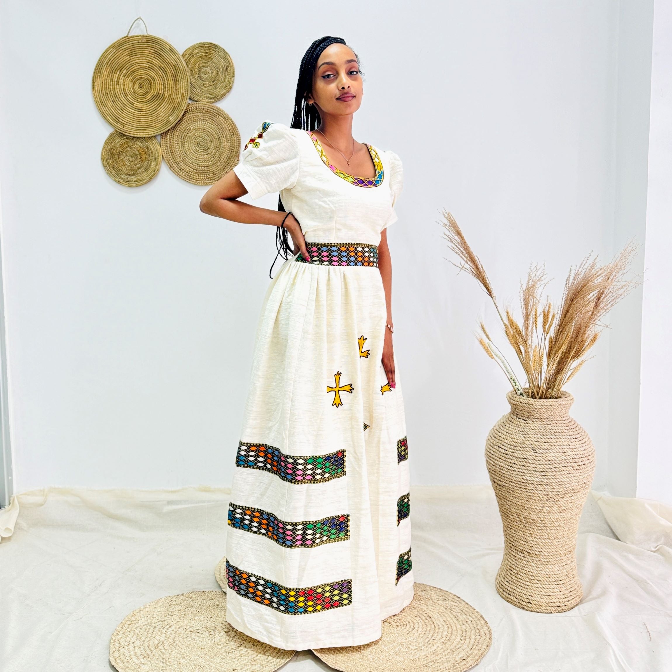 Habesha Dress Embroidery | Handwoven Tibeb | Elegant Traditional Ethiopian Kemis | Full-Length Cotton Dress for Holidays & Special Events Hab171