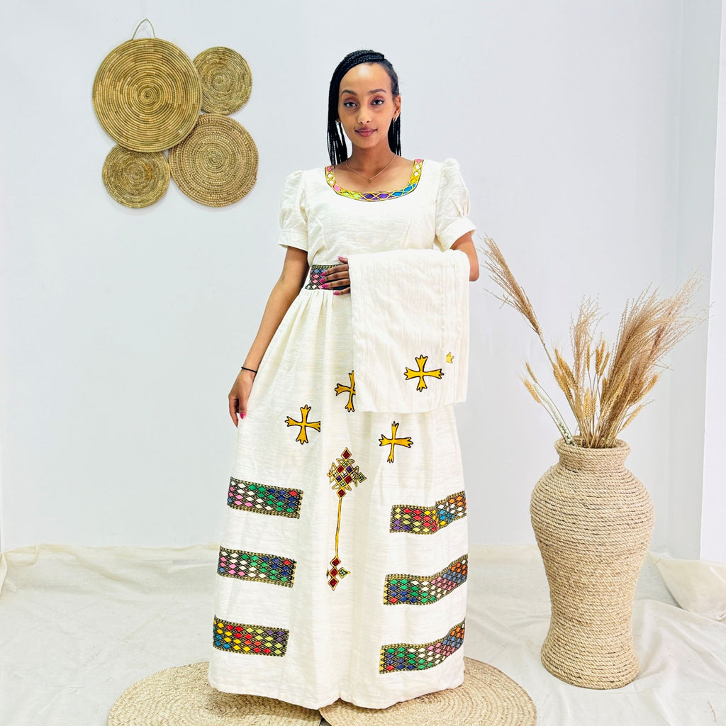 Habesha Dress Embroidery | Handwoven Tibeb | Elegant Traditional Ethiopian Kemis | Full-Length Cotton Dress for Holidays & Special Events Hab171