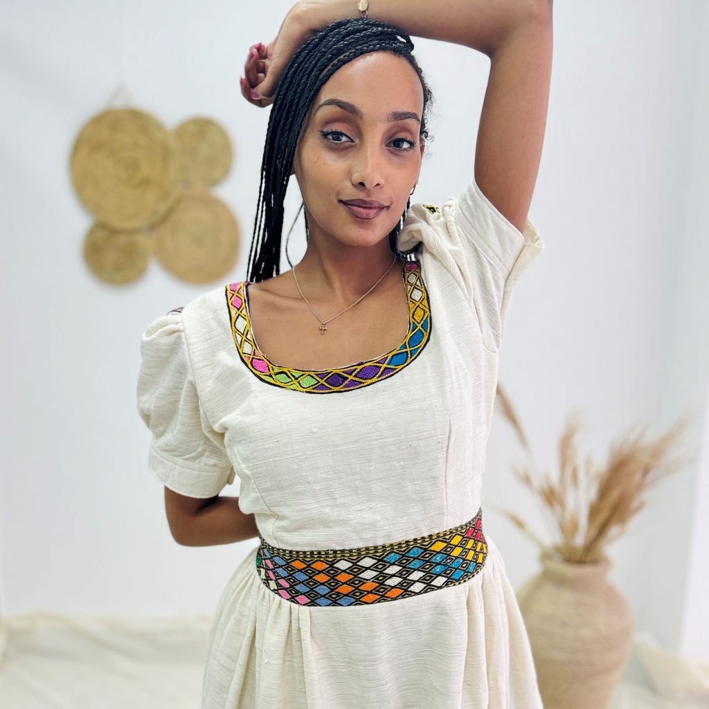 Habesha Dress Embroidery | Handwoven Tibeb | Elegant Traditional Ethiopian Kemis | Full-Length Cotton Dress for Holidays & Special Events Hab171