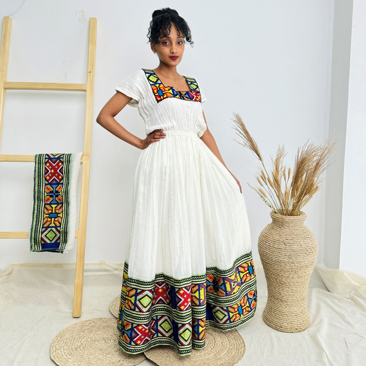 Traditional Ethiopian Habesha Dress | Handwoven Cotton | Colorful Geometric Tibeb | Square Neck | Flowy Fit | Hab241