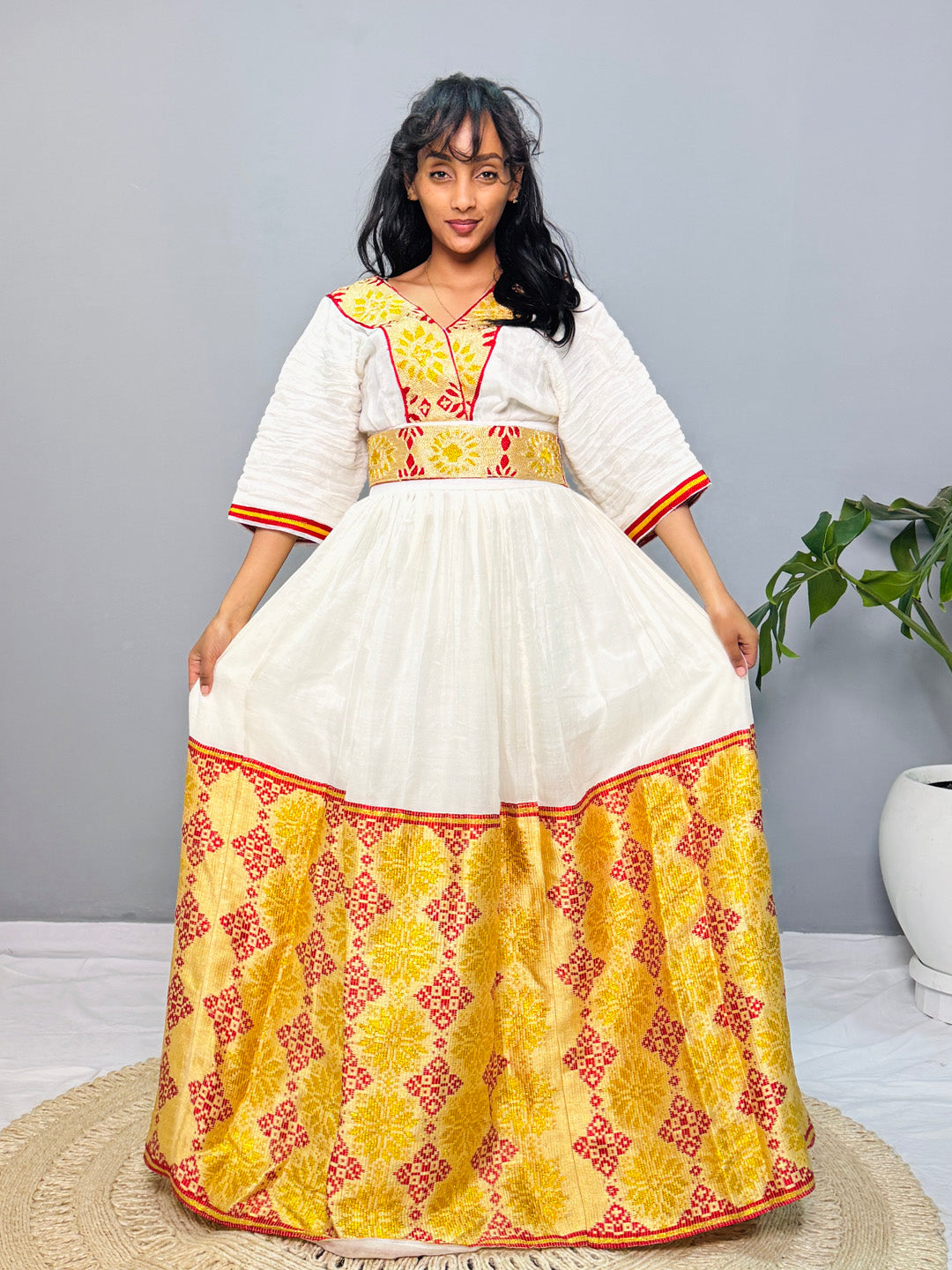 Ethiopian Habesha Kemis Dress | Handwoven Wedding Gown | Eritrean Cultural Attire | Yellow & Red Embroidered Cotton Dress | Handmade Hab186