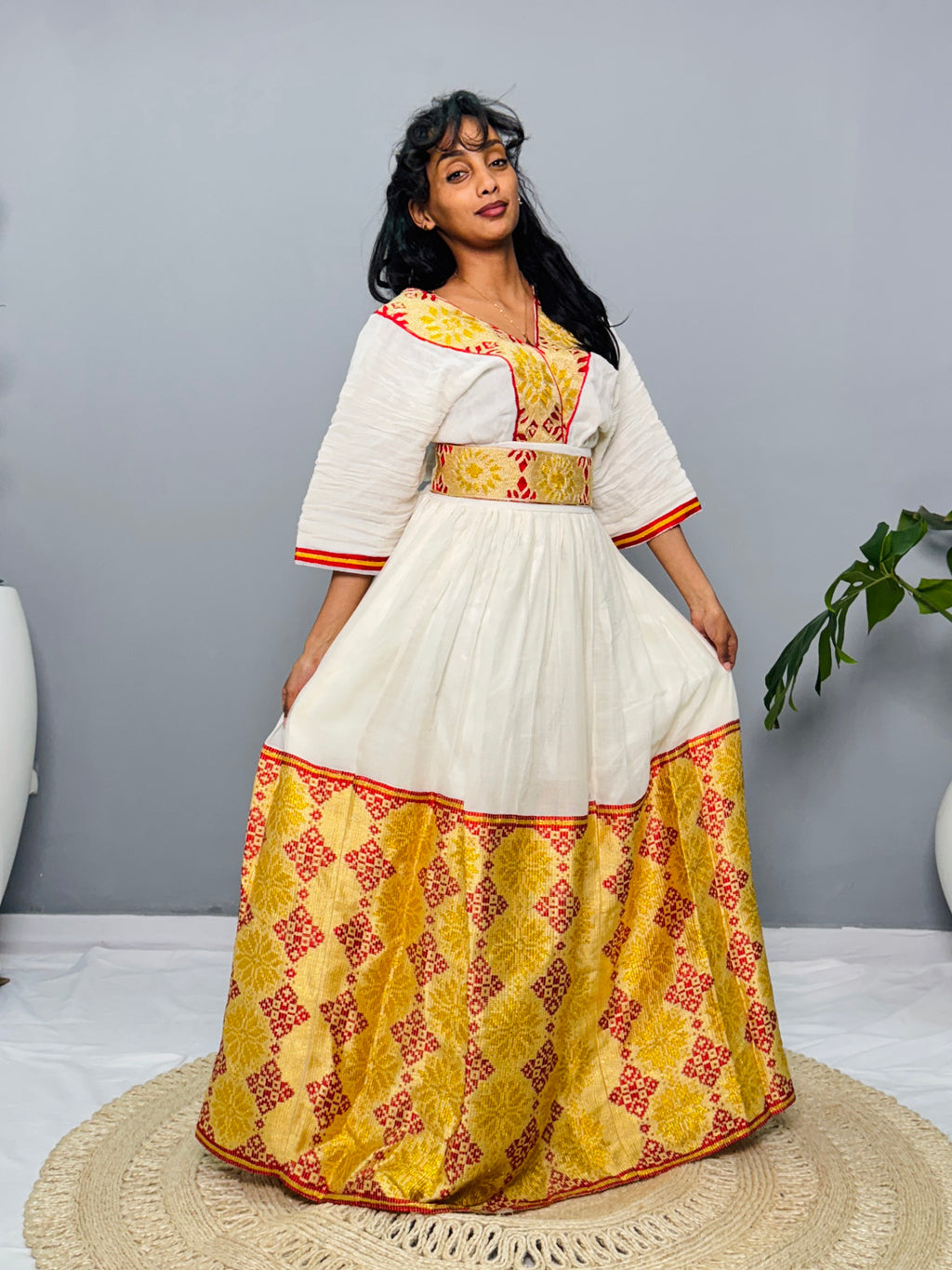Ethiopian Habesha Kemis Dress | Handwoven Wedding Gown | Eritrean Cultural Attire | Yellow & Red Embroidered Cotton Dress | Handmade Hab186
