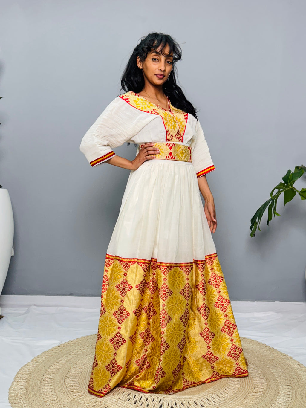Ethiopian Habesha Kemis Dress | Handwoven Wedding Gown | Eritrean Cultural Attire | Yellow & Red Embroidered Cotton Dress | Handmade Hab186