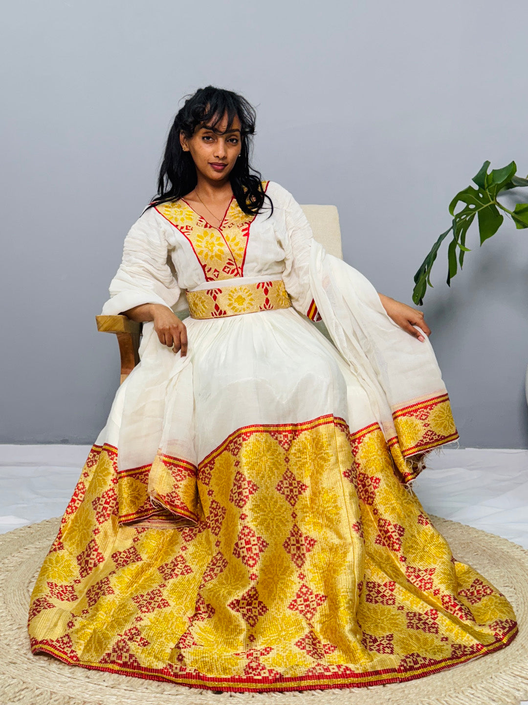 Ethiopian Habesha Kemis Dress | Handwoven Wedding Gown | Eritrean Cultural Attire | Yellow & Red Embroidered Cotton Dress | Handmade Hab186