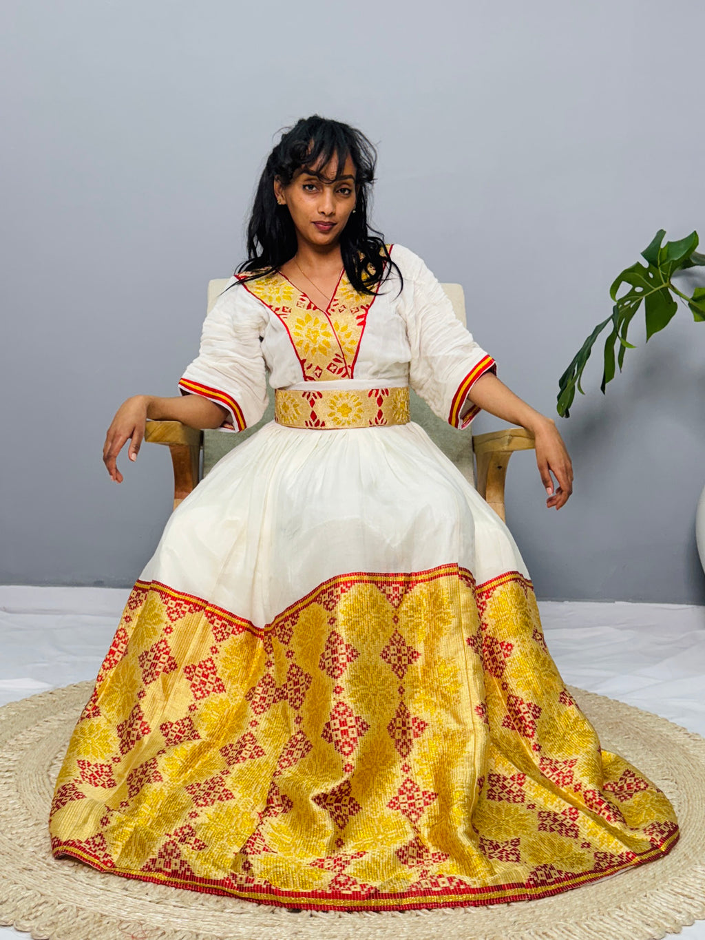 Ethiopian Habesha Kemis Dress | Handwoven Wedding Gown | Eritrean Cultural Attire | Yellow & Red Embroidered Cotton Dress | Handmade Hab186