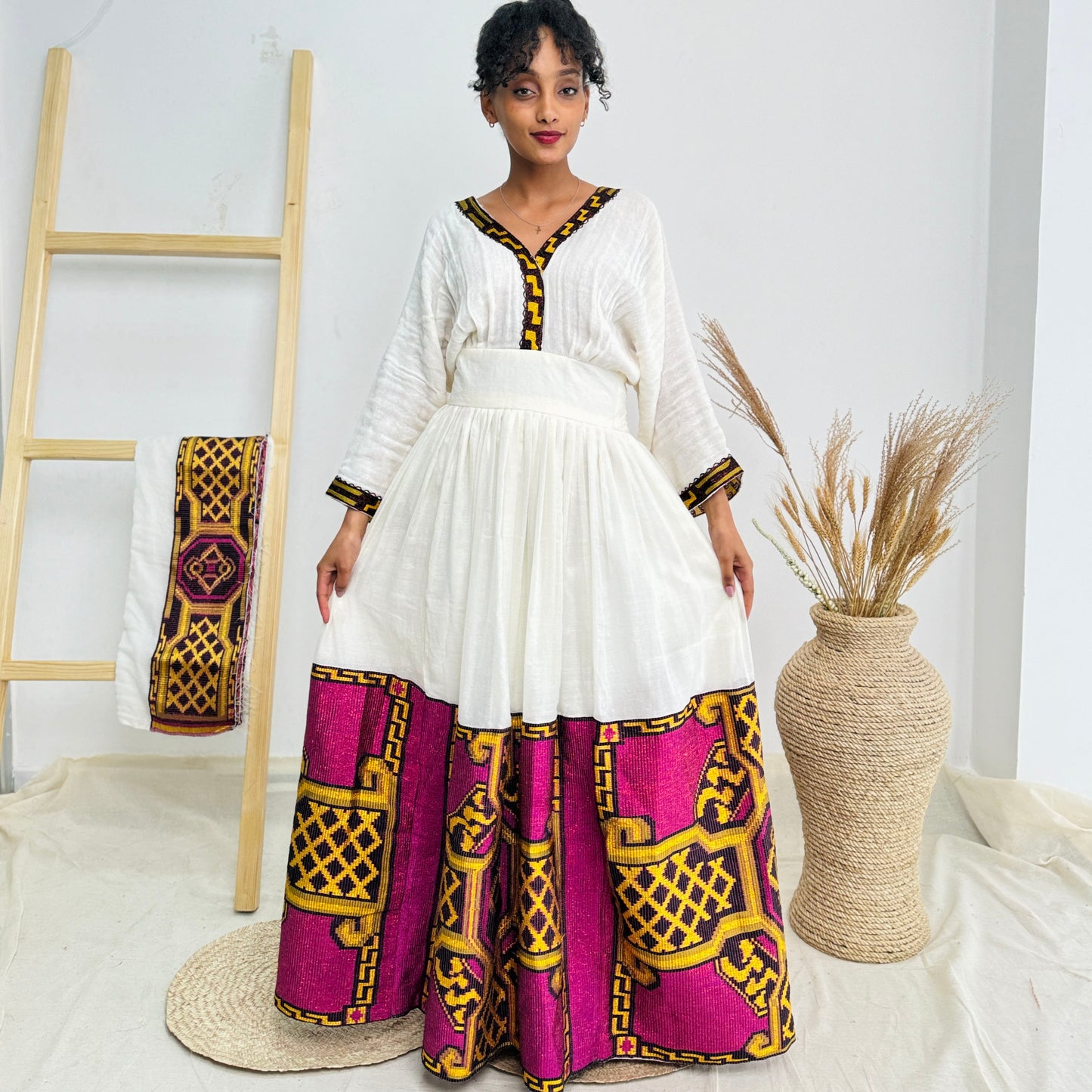 Habesha Dress | Elegant Embroidery | Cultural Celebrations & Special Events |  Purple Design | Ethiopian Dress Hab120