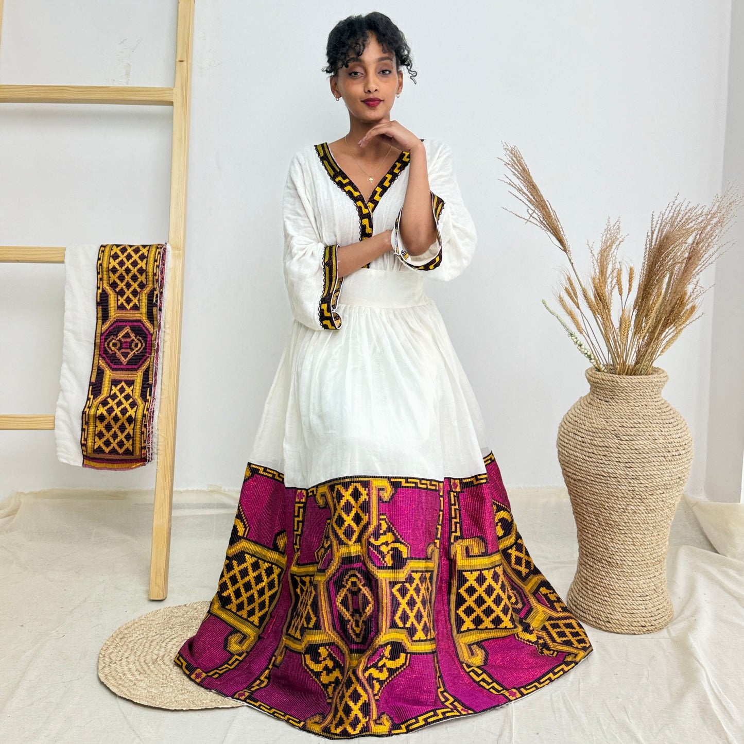 Habesha Dress | Elegant Embroidery | Cultural Celebrations & Special Events |  Purple Design | Ethiopian Dress Hab120
