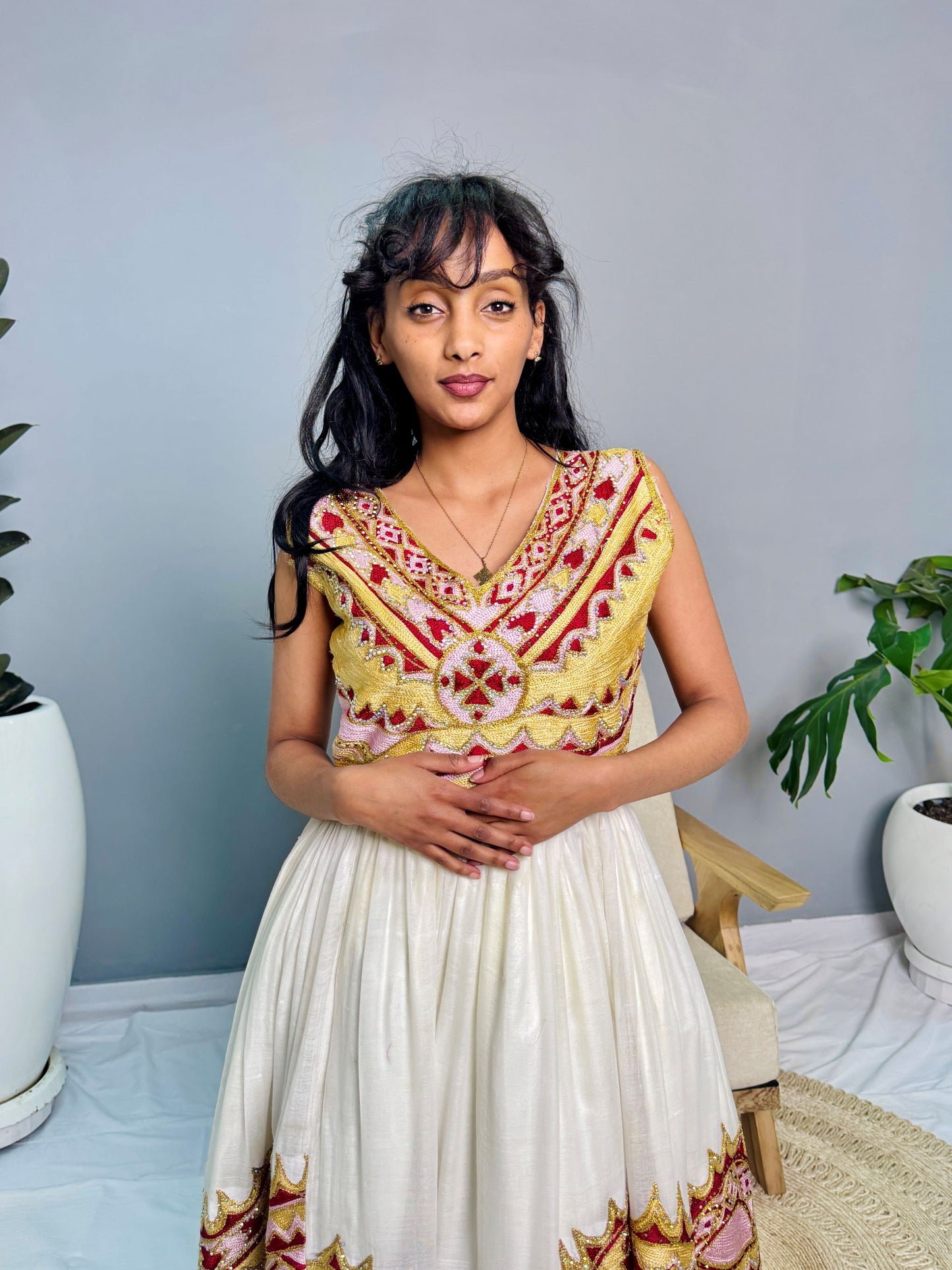 Habesha Wedding Dress | Sleeveless & Gold Embroidered | Bridal Elegance | Handwoven Ethiopian Dress | Ethiopian Dress Hab129
