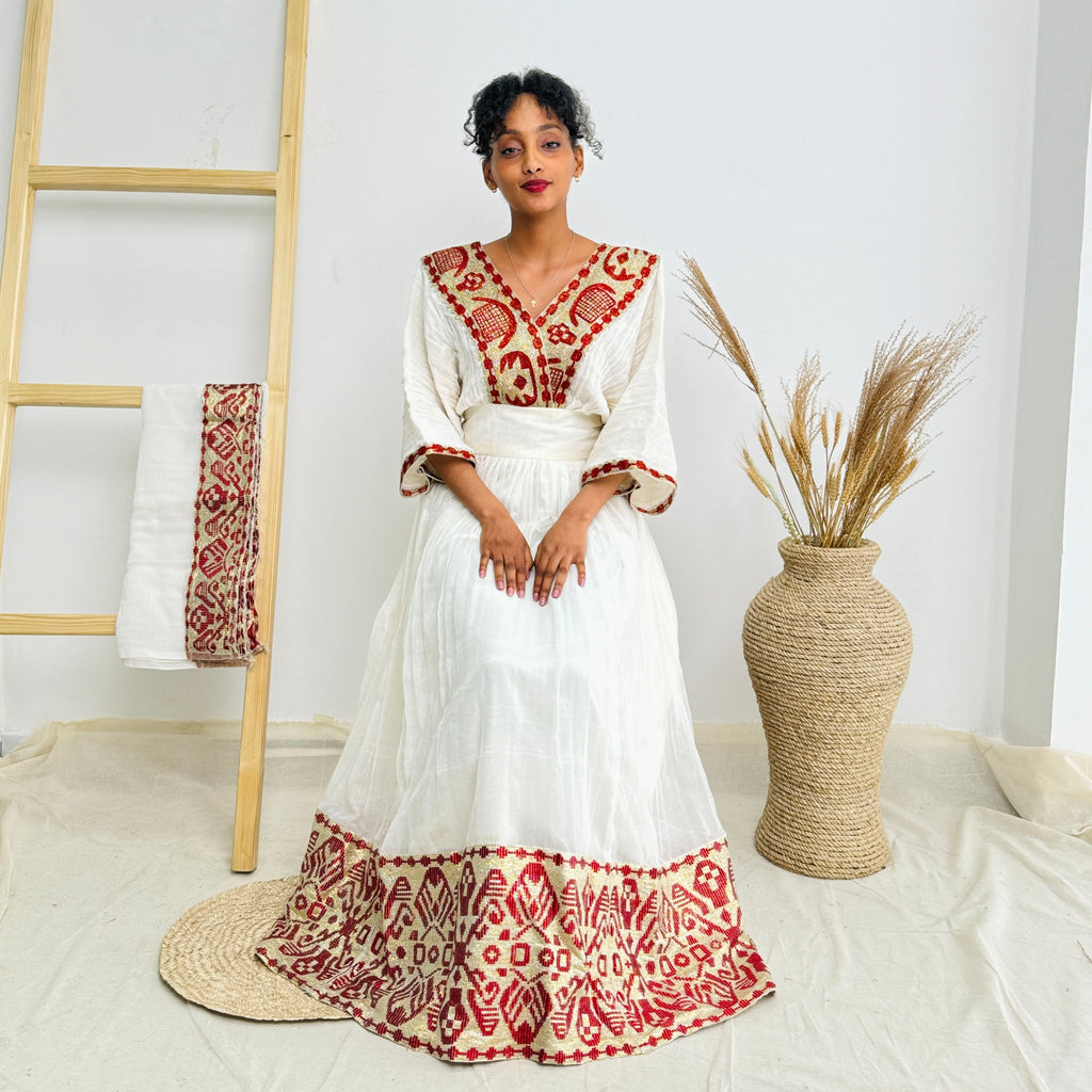 Habesha Dress | Elegant Embroidery Dress | Weddings & Cultural Celebrations | Red Ethiopian Dress | Hab111