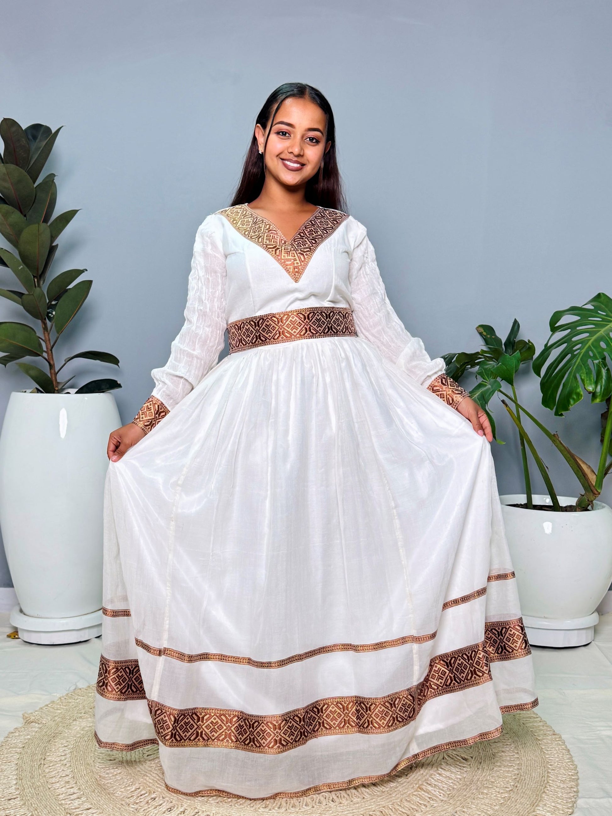 Ethiopian Handwoven White Dress | Elegant Brown & Gold Tibeb Embroidery | Timeless Habesha Kemis
