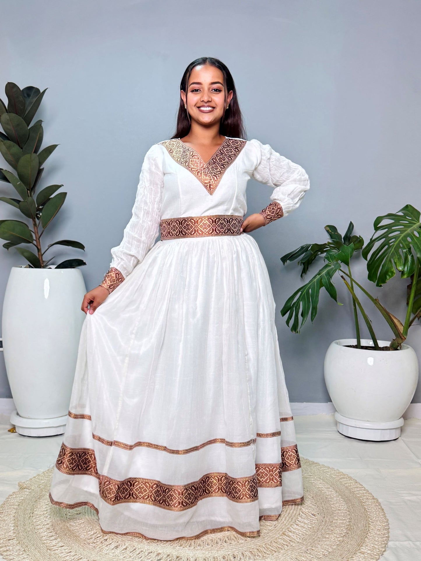 Ethiopian Handwoven White Dress | Elegant Brown & Gold Tibeb Embroidery | Timeless Habesha Kemis Hab150