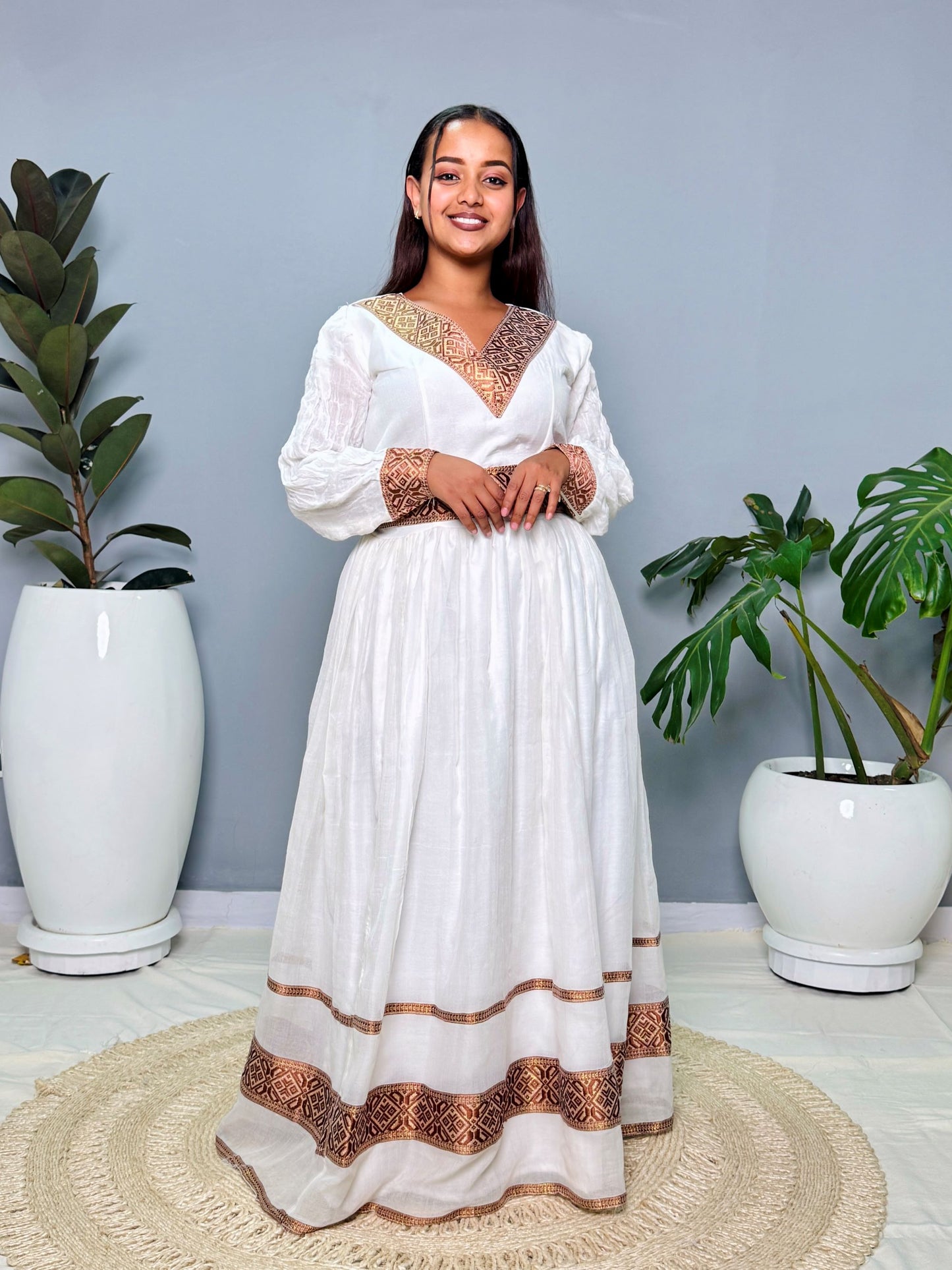 Ethiopian Handwoven White Dress | Elegant Brown & Gold Tibeb Embroidery | Timeless Habesha Kemis Hab150