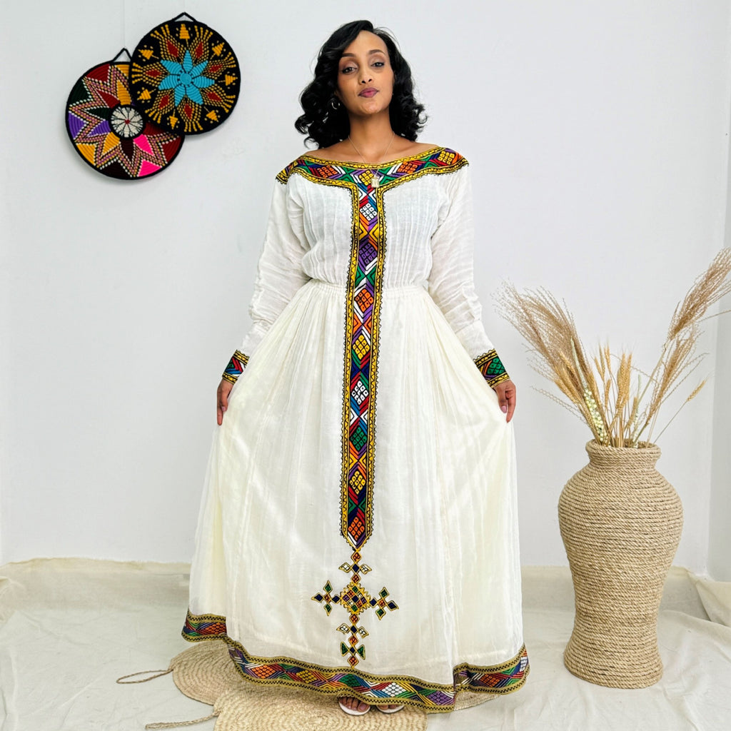 Handmade Ethiopian Traditional Dress | Habesha Kemis with Colorful Tibeb | White Cotton Cultural Dress for Weddings, Holidays & Gift Hab242