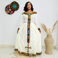 Handmade Ethiopian Traditional Dress | Habesha Kemis with Colorful Tibeb | White Cotton Cultural Dress for Weddings, Holidays & Gift Hab242