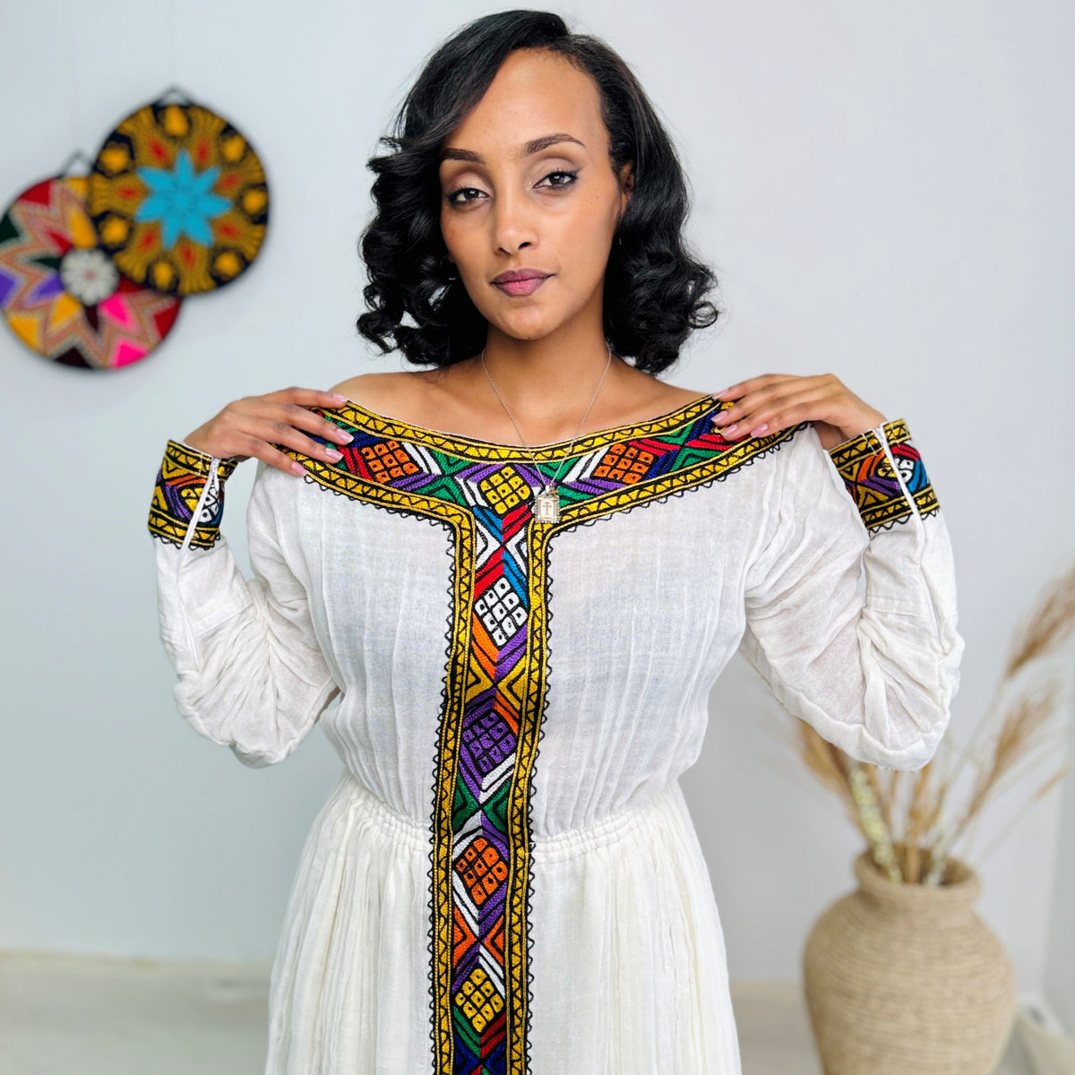 Handmade Ethiopian Traditional Dress | Habesha Kemis with Colorful Tibeb | White Cotton Cultural Dress for Weddings, Holidays & Gift Hab242