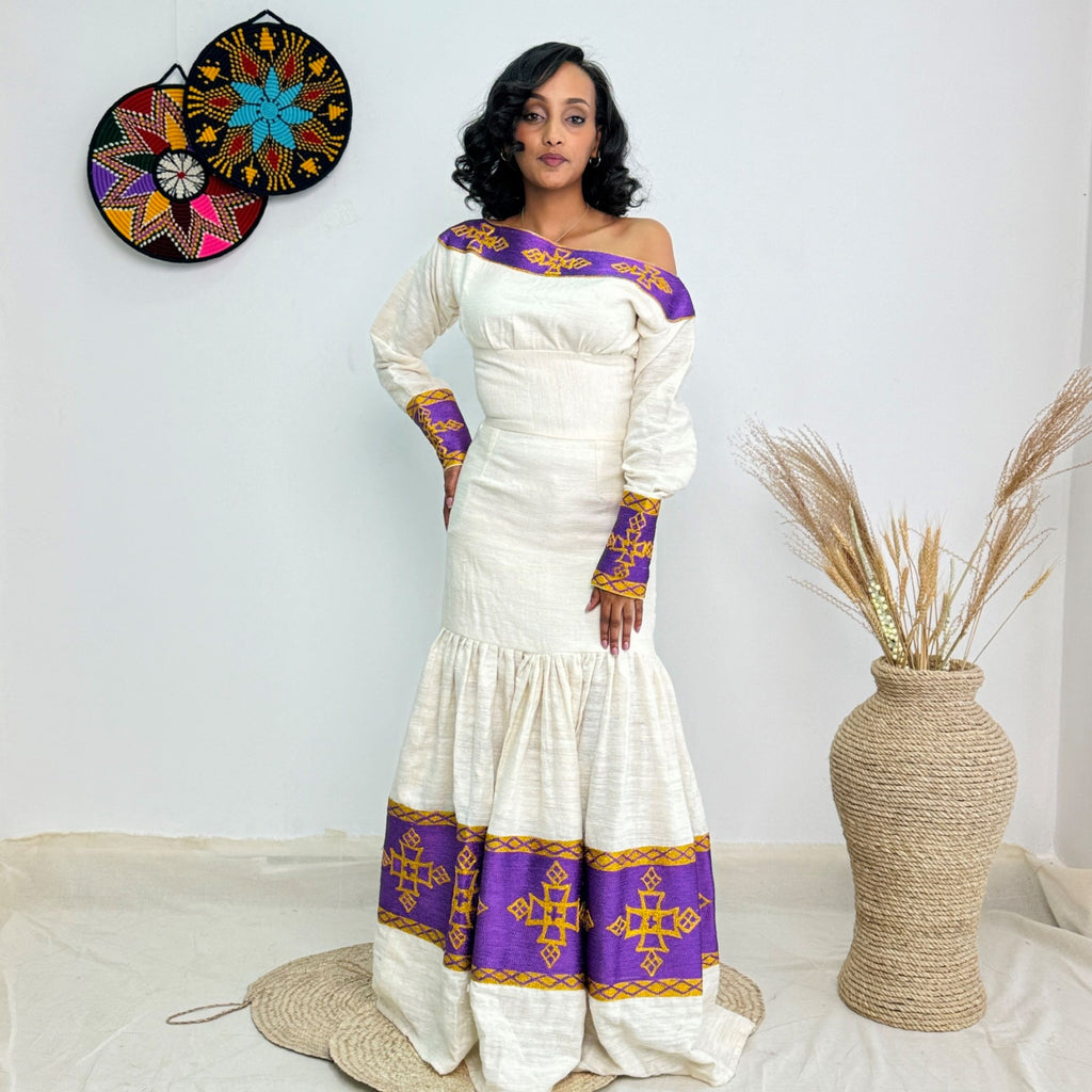 Royal Purple Tibeb Design | Ethiopian Traditional Dress |  Handwoven Habesha Dress Hab153