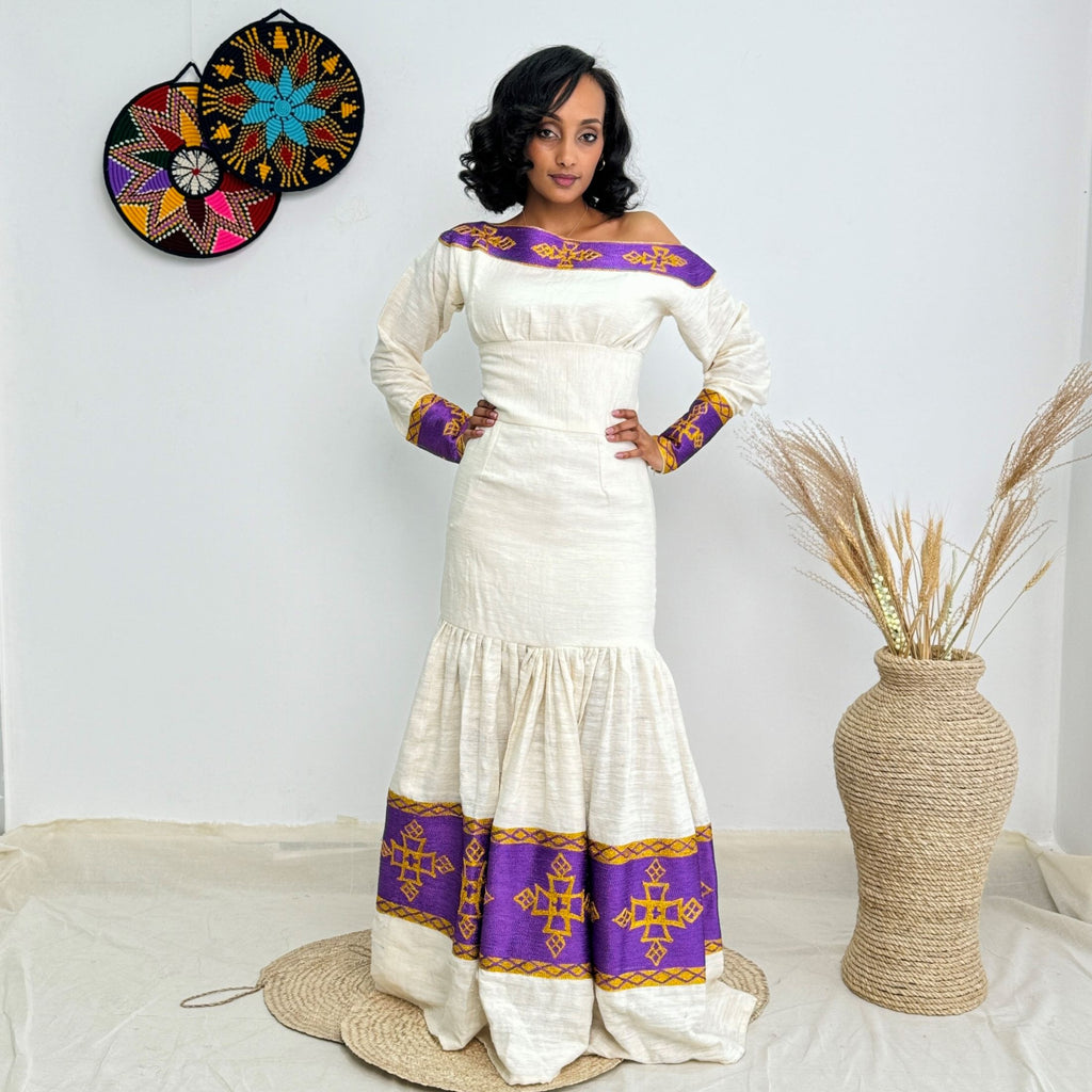 Royal Purple Tibeb Design | Ethiopian Traditional Dress |  Handwoven Habesha Dress Hab153
