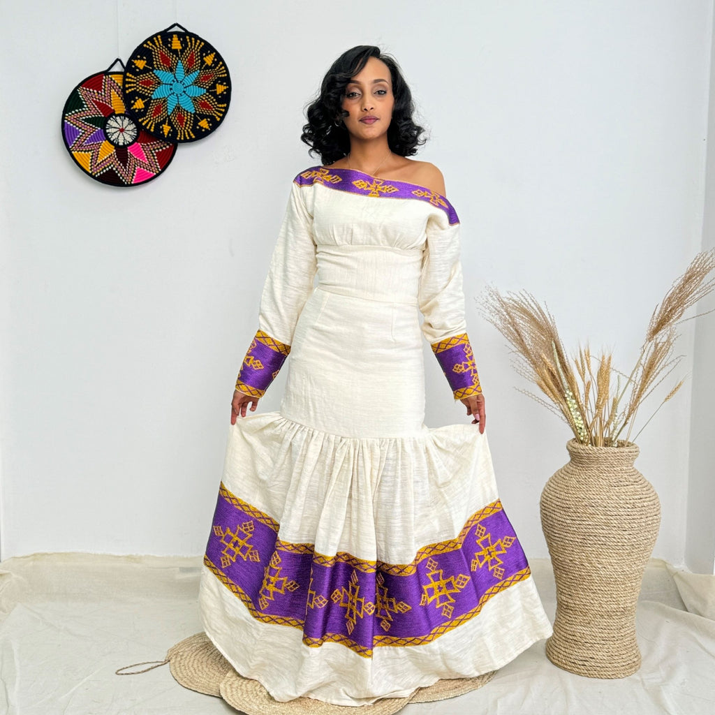 Royal Purple Tibeb Design | Ethiopian Traditional Dress |  Handwoven Habesha Dress Hab153