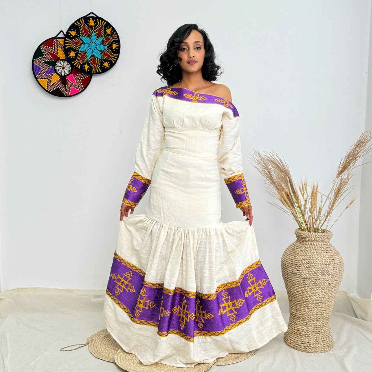 Royal Purple Tibeb Design | Ethiopian Traditional Dress |  Handwoven Habesha Dress Hab153