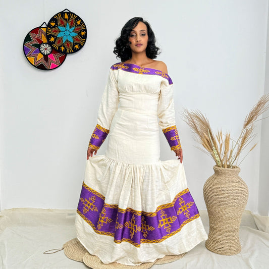 Royal Purple Tibeb Design | Ethiopian Traditional Dress |  Handwoven Habesha Dress Hab153