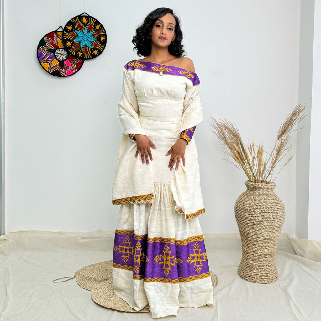 Royal Purple Tibeb Design | Ethiopian Traditional Dress |  Handwoven Habesha Dress Hab153