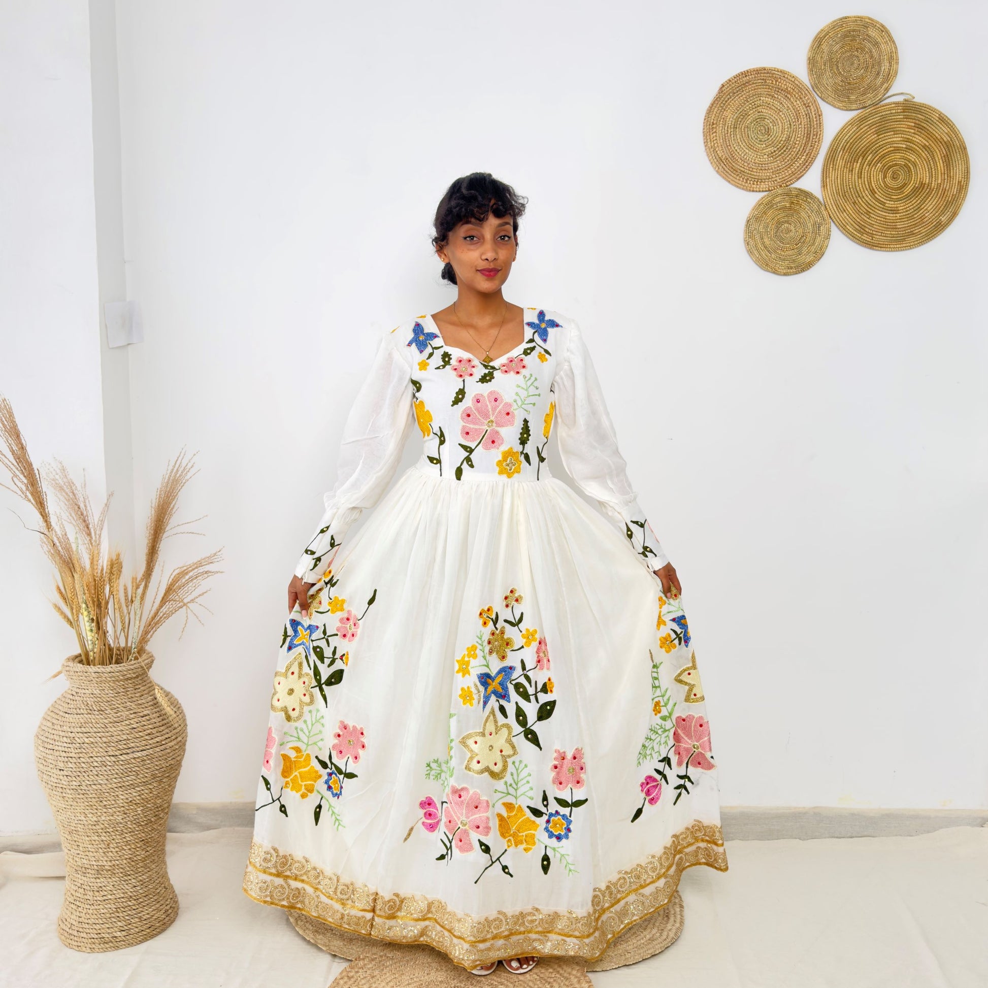 Traditional Ethiopian Habesha Dress | Handwoven Cotton | Floral Embroidery & Golden Tilet | Flowy Fit Hab237