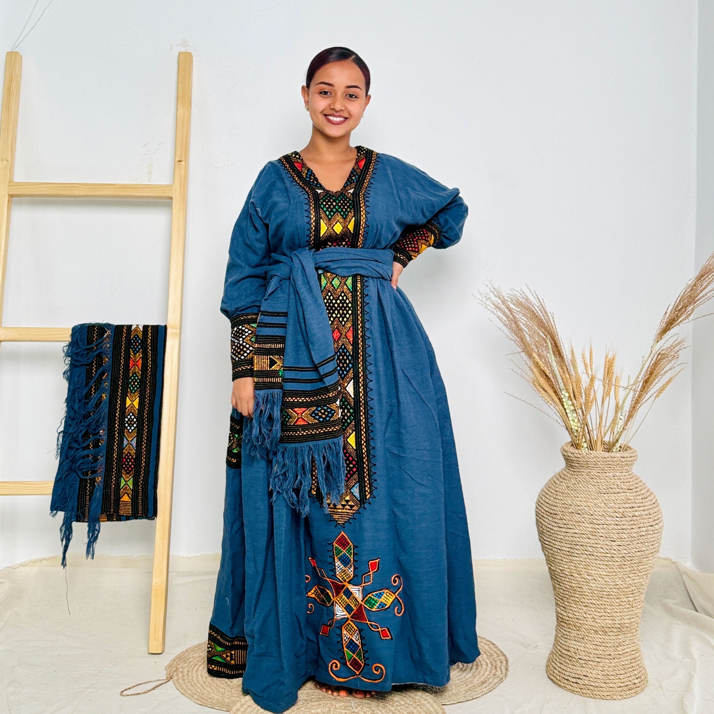 blue habesha dress Dark Raya Cultural Kemis Hab48 – HABESHA FASHION Flowing Silhouette Color:Half Black-Half White mother of bride gown Half Sleeves Elegant A