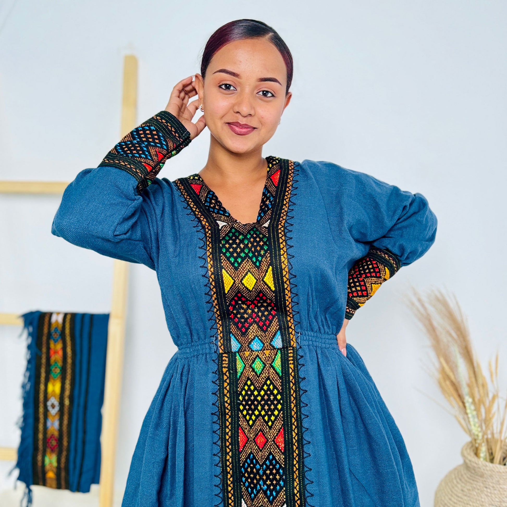 blue ethiopian dress Blue Ethiopian Kemis Handwoven Habesha Ethiopian Dress for Religious Holidays, Weddings & Formal Cultural Gatherings S