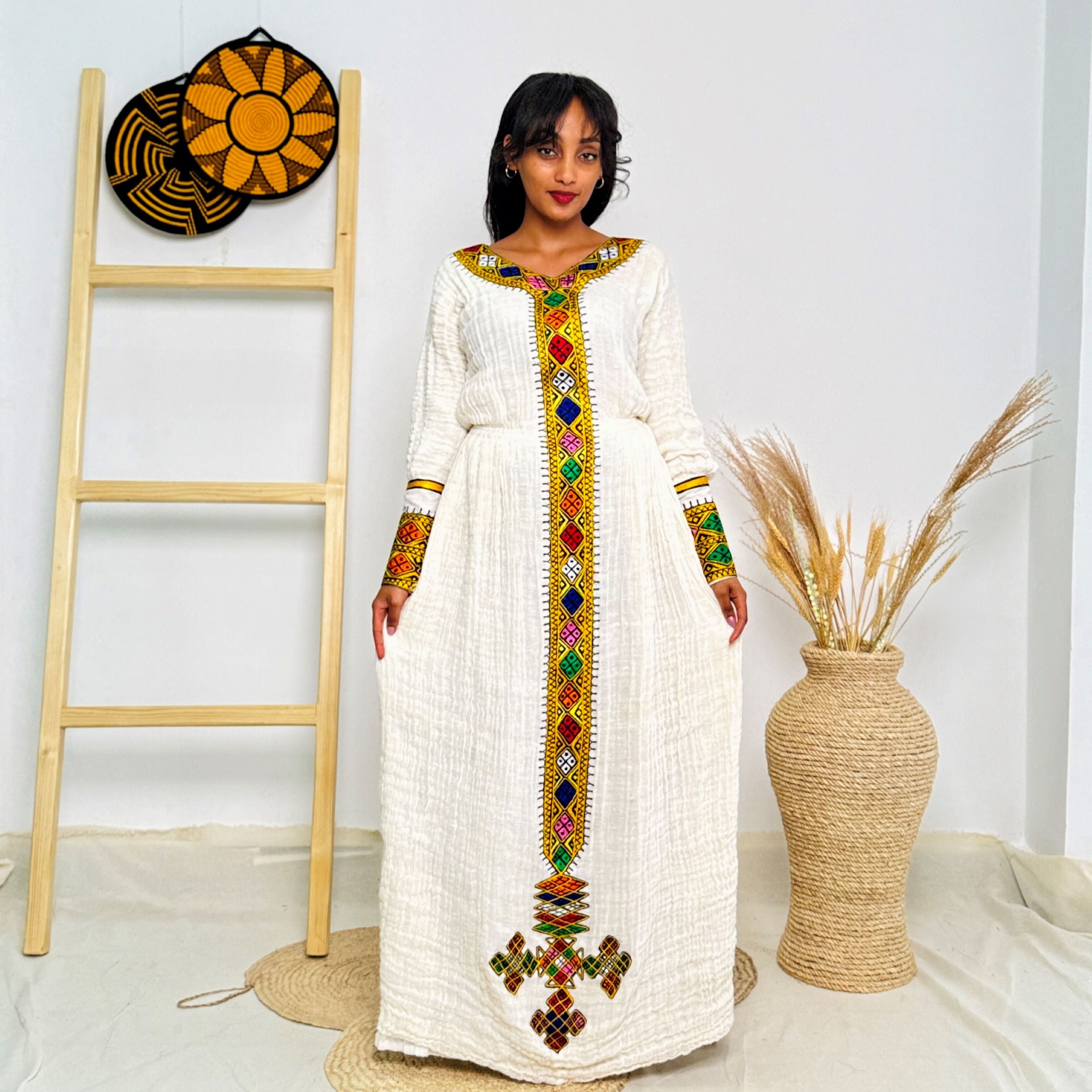Elegant Ethiopian Handwoven Dress | Modern Habesha Kemis | Vibrant Tibeb Embroidery | Timeless & Chic Hab134