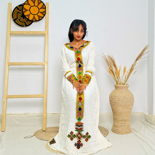 Elegant Ethiopian Handwoven Dress | Modern Habesha Kemis | Vibrant Tibeb Embroidery | Timeless & Chic Hab134