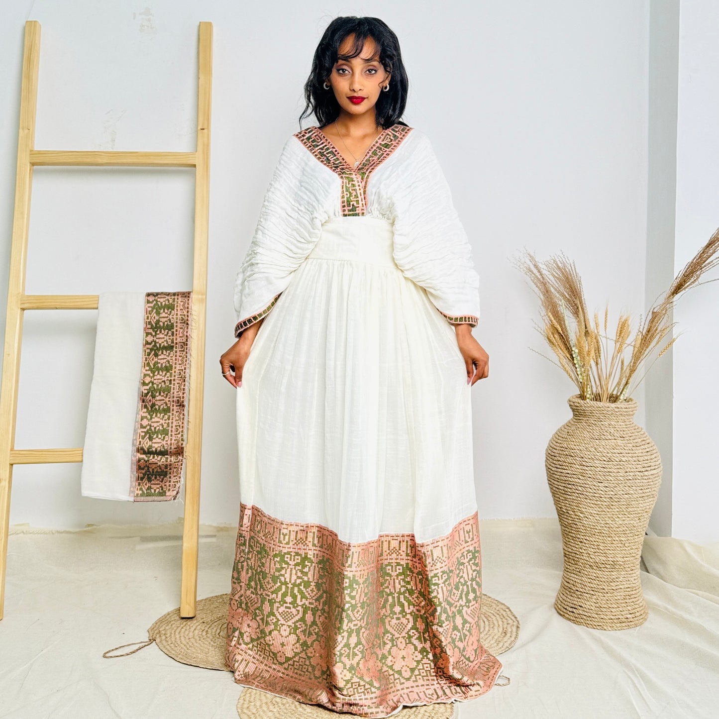 Habesha Dress | Pink & Gold Embroidery | Weddings & Special Occasions | Handwoven Elegance | Ethiopian Dress Hab114