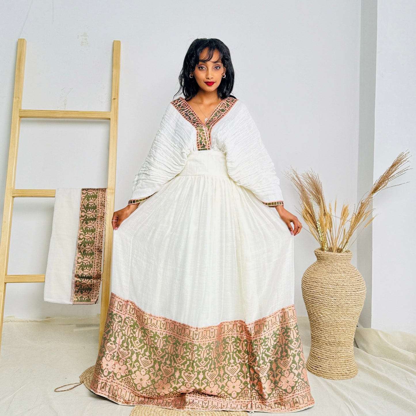 Habesha Dress | Pink & Gold Embroidery | Weddings & Special Occasions | Handwoven Elegance | Ethiopian Dress Hab114