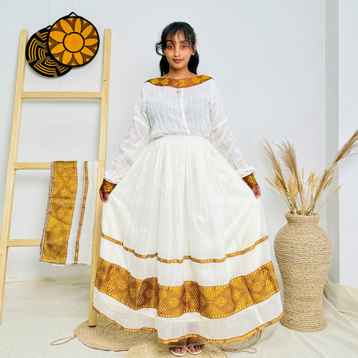 Amber Majesty | Traditional Ethiopian Habesha Dress with Geometric Tilet Accents Hab225