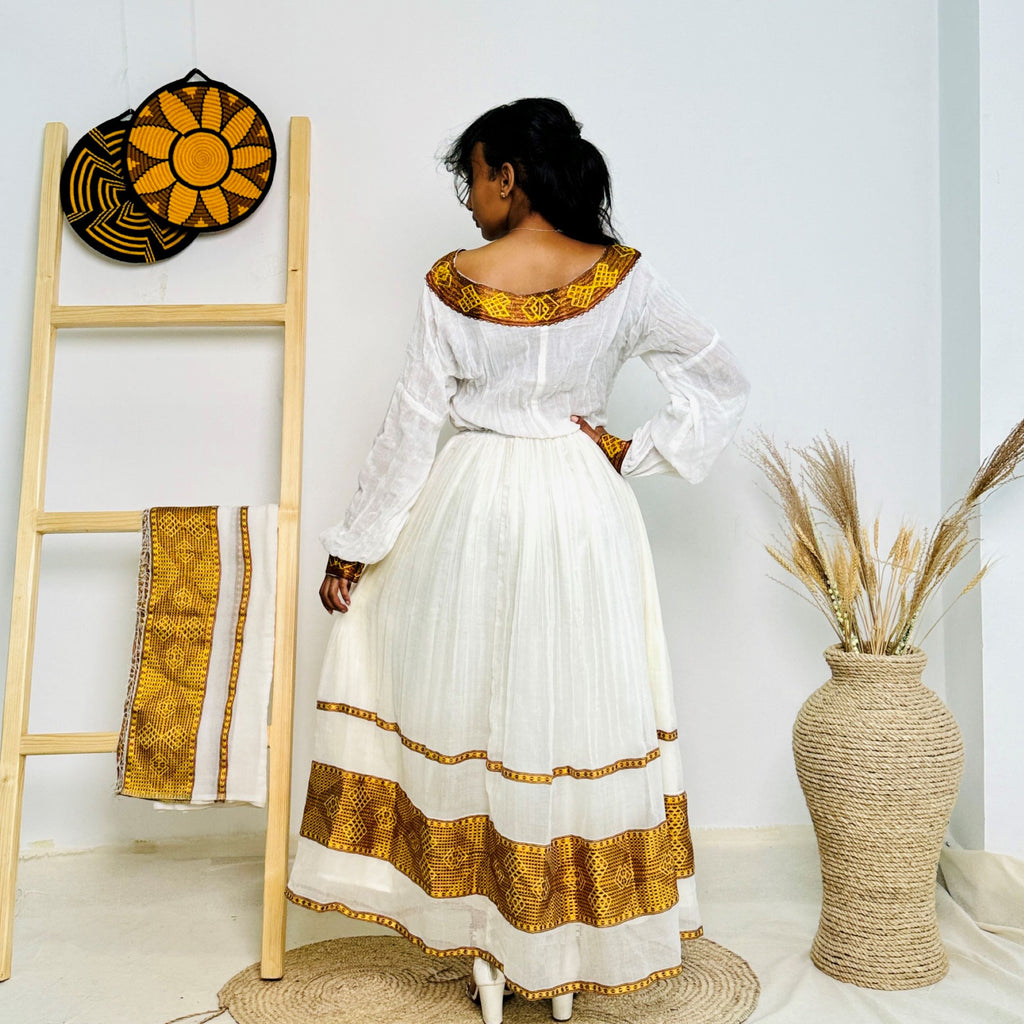 Amber Majesty | Traditional Ethiopian Habesha Dress with Geometric Tilet Accents Hab225