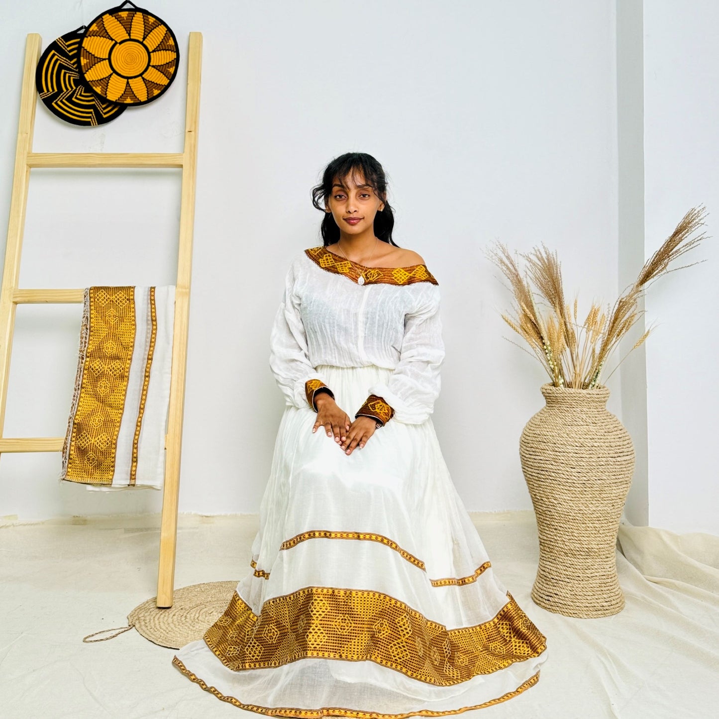 Amber Majesty | Traditional Ethiopian Habesha Dress with Geometric Tilet Accents Hab225