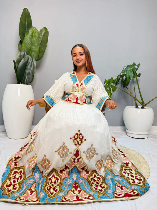 Regal Ethiopian Habesha Kemis Dress | Handwoven Cotton Gown | Traditional Eritrean Wedding Dress | Embroidered Cultural Attire | Handmade Hab183