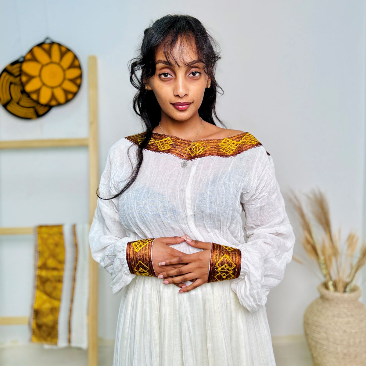 Amber Majesty | Traditional Ethiopian Habesha Dress with Geometric Tilet Accents Hab225