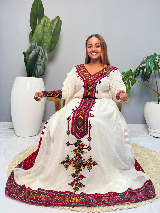 Queen’s Crest | Luxury Ethiopian Dress | Habesha Kemis | Handwoven Cotton Dress | Traditional Ethiopian Wedding Dress | Handmade Hab155
